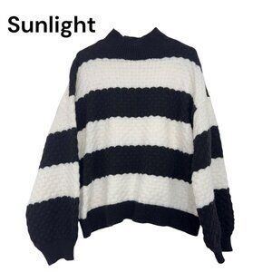 Nine West Women SZ XL Black & White Striped Sweater Wafle Knit Ballon Sleeve